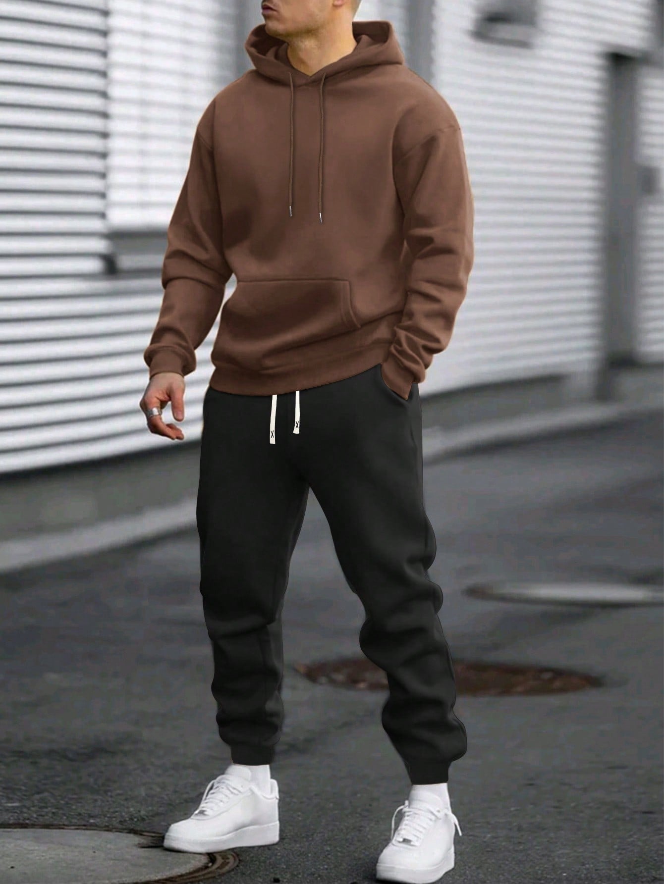 2pcs Men's Basic Solid Color Hooded Sweatshirt And Elastic Waist Drawstring Pants Set, Casual Sportswear Outfit