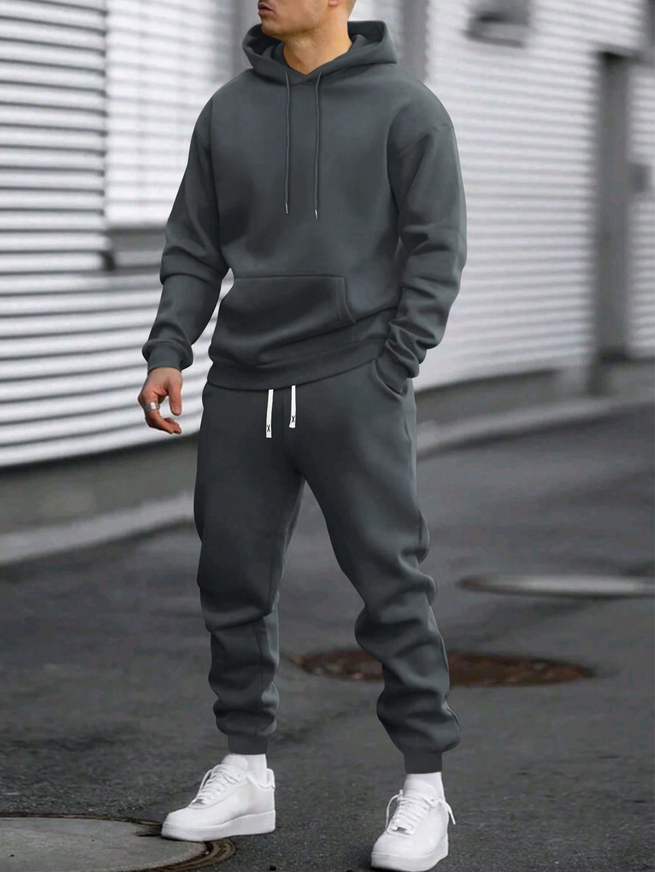 2pcs Men's Basic Solid Color Hooded Sweatshirt And Elastic Waist Drawstring Pants Set, Casual Sportswear Outfit