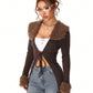 Coolane Y2K Fashion Vintage Rib Knit Flannelette Textured Lace Up Brown Long Cardigans