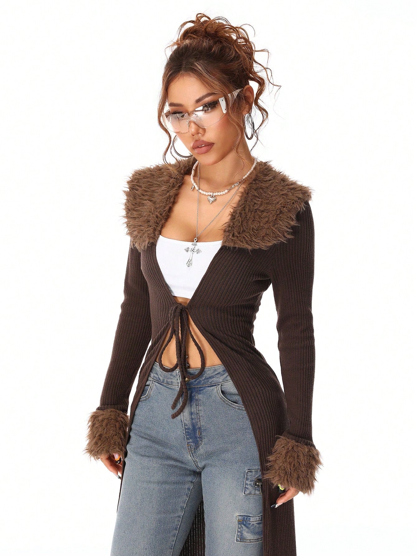 Coolane Y2K Fashion Vintage Rib Knit Flannelette Textured Lace Up Brown Long Cardigans