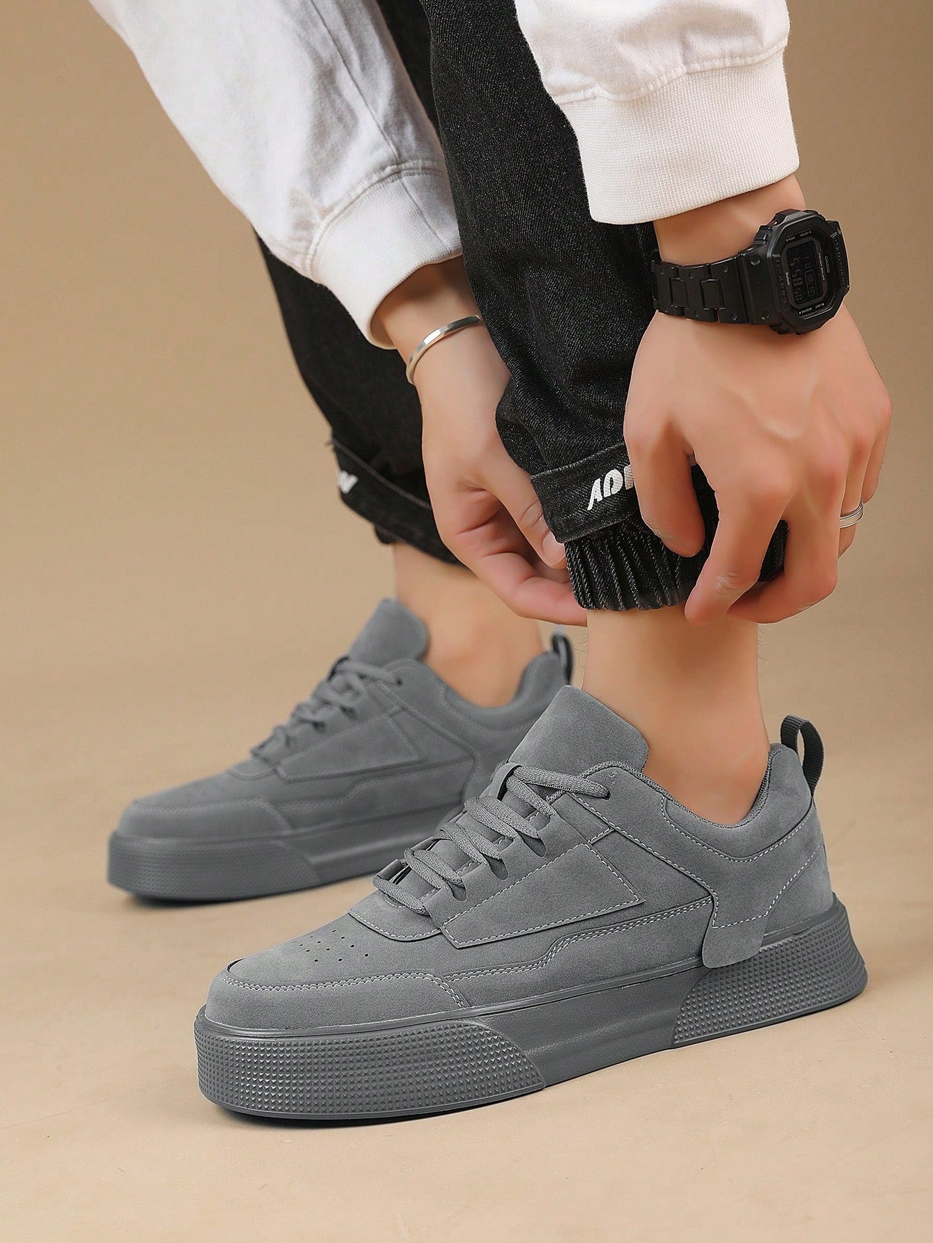 New Arrival Men's Thick-Soled Skate Shoes With Front Strap,Gray,Round Toe,Simple Style,Height Increasing,Casual Sports  Shoes