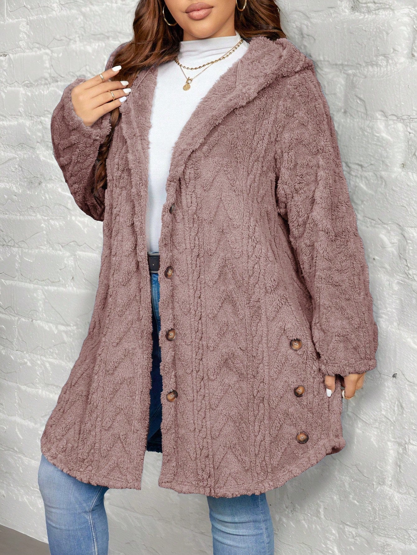 EMERY ROSE Textured Plush Warm Comfortable Button Decorated Hooded Plus Size Jacket Winter Clothes