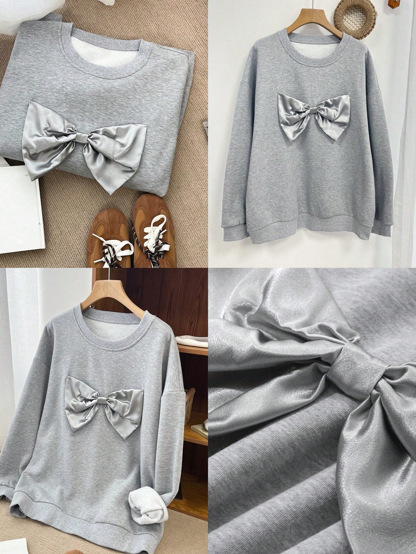 DAZY Women's Round Neck Embroidered Bow Decor Long Sleeve Sweatshirt