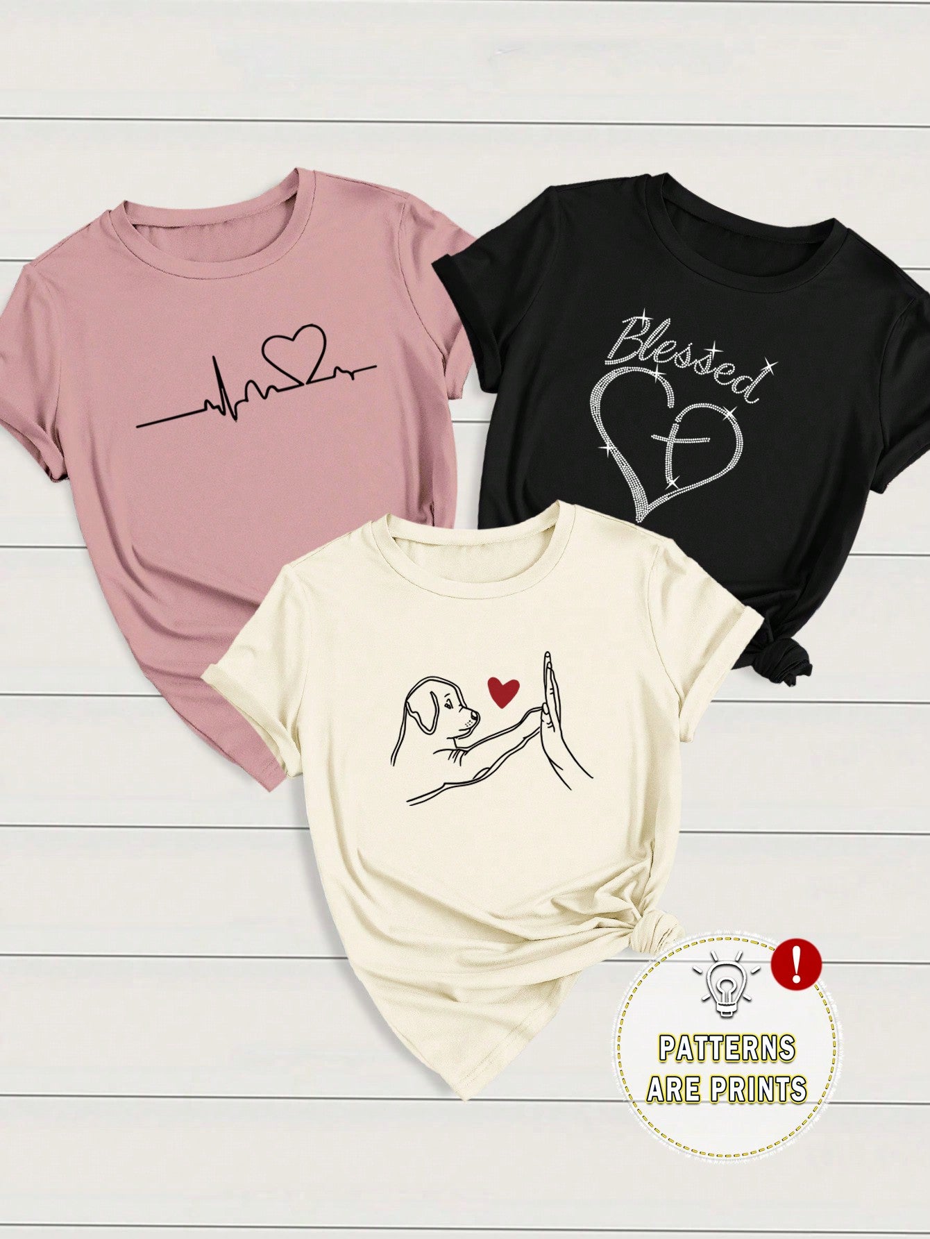 INAWLY  LUNE 3pcs/Set Women's Casual Outfit With Heart, ECG, And Letter Graphic Short Sleeve T-Shirt Graphic Tees Women Tops