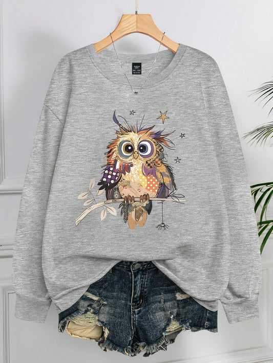 CURVE  Plus Size Women's Casual Crew Neck Sweatshirt, Owl Animal Cartoon Print Long Sleeve Pullover For Daily Wear